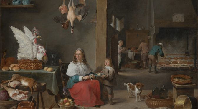 David Teniers le Jeune, Cuisine, Huile sur cuivre, 77,8 x 75 cm, 1644, Mauritshuis, Pays-Bas.